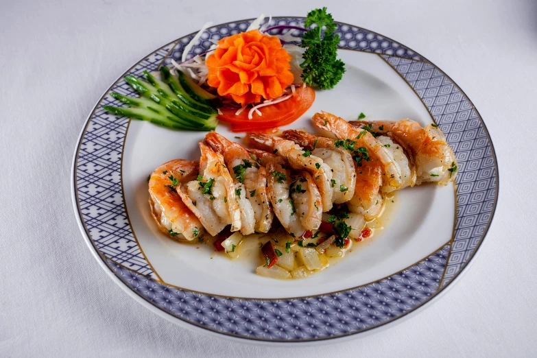 a close up of a plate of food on a table, prawn, from the side, 王琛, sparkling