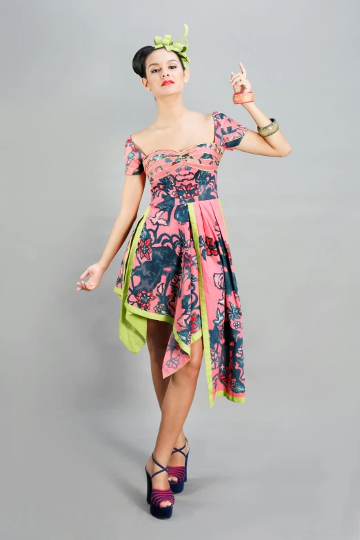 a woman in a dress with a flower in her hair, happening, melting in coral pattern, official product photo, vivienne westwood!, with fluo colored details