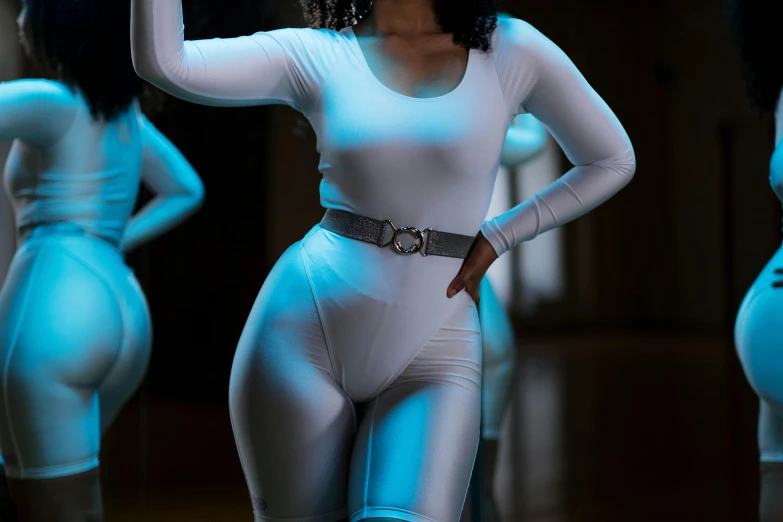 a woman in a white bodysuit posing for a picture, unsplash, holography, white belt, thick thick thick outlines, wearing white tights, nicki minaj curvy
