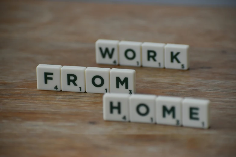 scrabbles spelling work from home on a wooden table, by Romain brook, private press, workers, beige, thumbnail, green