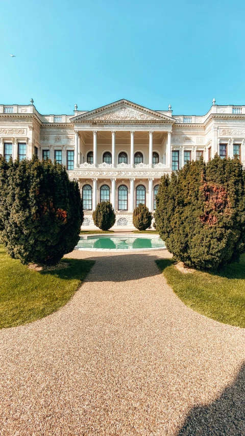 a large white house sitting on top of a lush green field, an album cover, inspired by Mihály Munkácsy, pexels contest winner, neoclassicism, kazakh empress, a pool inside the giant palace, brown, bushes