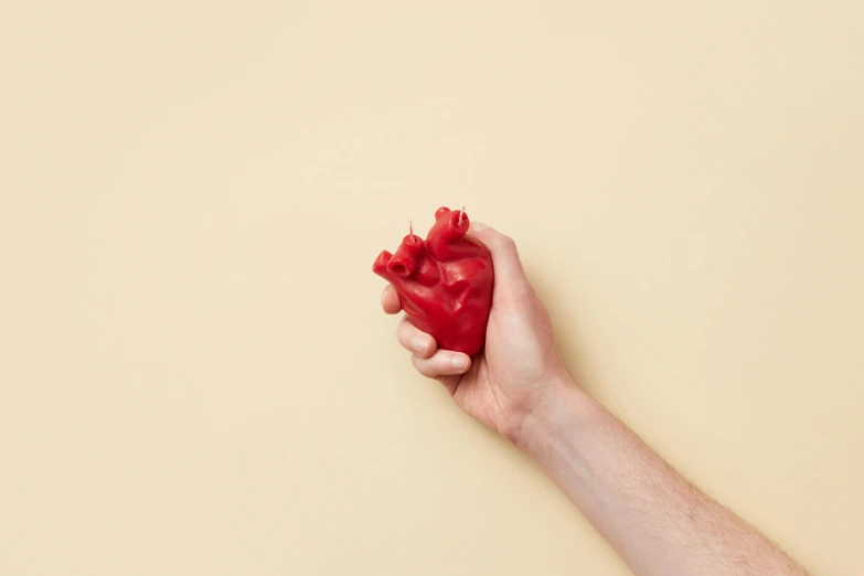 a person's hand holding a red plastic heart, inspired by Sarah Lucas, 3d printed, frank moth, small, plain walls |light hearted