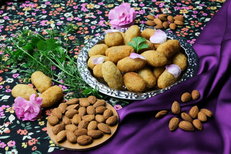 a close up of a plate of food on a table, by Julia Pishtar, hurufiyya, almond blossom, jajaboonords flipjimtots, background image, festivals