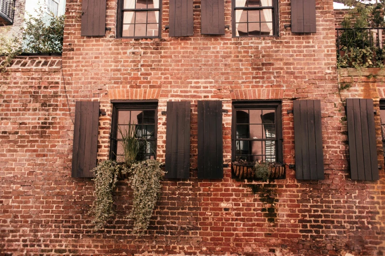 a brick building with black shutters and windows, by Carey Morris, pexels contest winner, fan favorite, vine covered, desktop wallpaper, building cover with plant