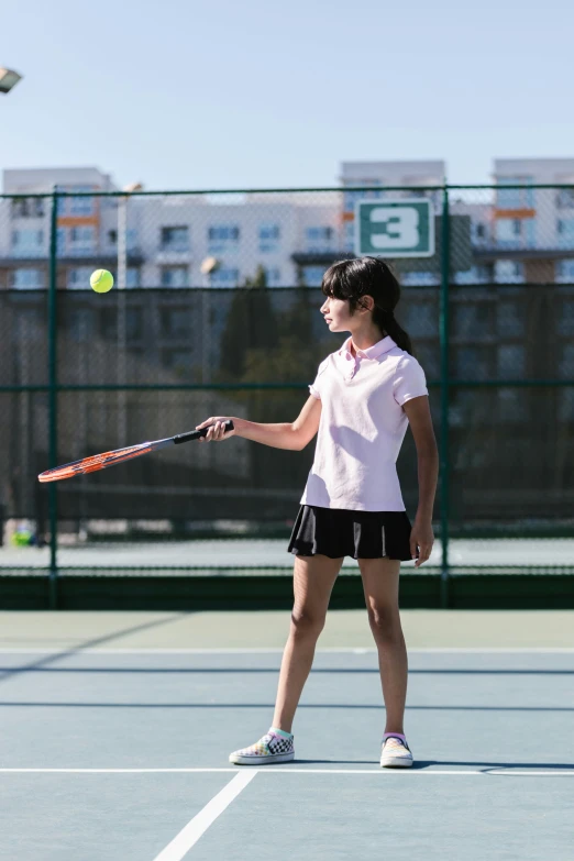 a woman hitting a tennis ball with a racquet, a cartoon, unsplash, panoramic view of girl, schools, junko enoshima, promo image