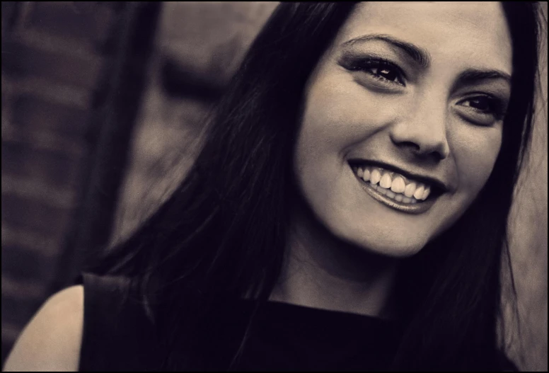 a black and white photo of a woman smiling, tumblr, post processed denoised, irelia, ((oversaturated)), lowres