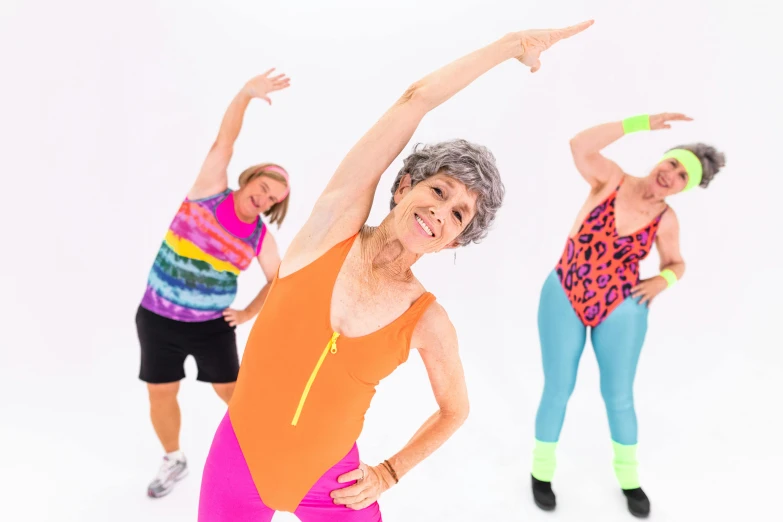 a group of older women doing zumba zumba zumba zumba zumba zumba zumba zumba zumba zumba zumba, a portrait, by Pamela Drew, kitsch movement, skintight rainbow body suit, cottagecore!! fitness body, thumbnail, 2 arms and 2 legs