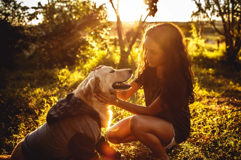 a woman kneeling in the grass petting a dog, pexels contest winner, warm golden backlit, australian, profile image, girl