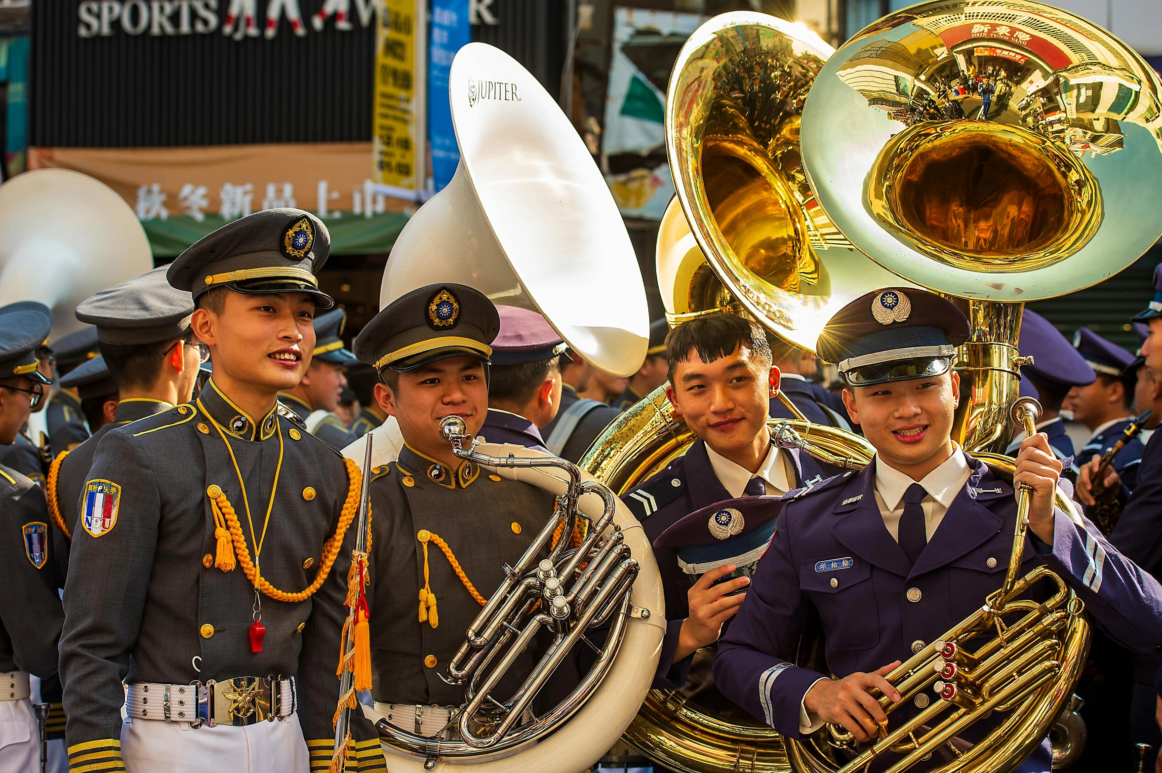 a group of men in uniform standing next to each other, by Julia Pishtar, pexels contest winner, cloisonnism, sousaphone, ethnicity : japanese, 🚿🗝📝