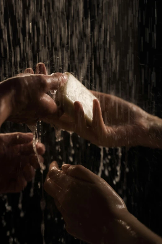 a group of people washing their hands in the rain, an album cover, by Elsa Bleda, unsplash, conceptual art, carved soap, ignant, performance, flesh