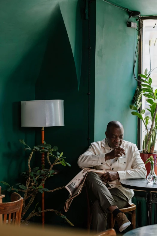 a man sitting at a table in front of a window, a portrait, by Elsa Bleda, pexels contest winner, lance reddick, lush green, sitting in a lounge, portrait of tall