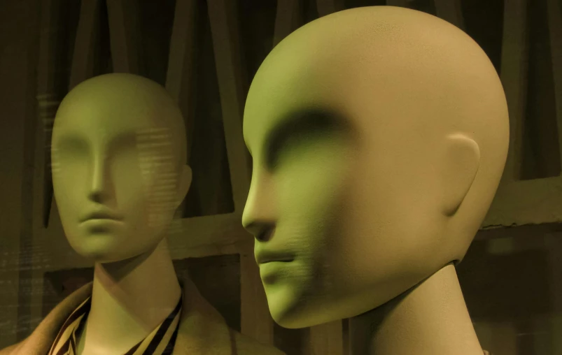 a couple of mannequin heads sitting next to each other, a raytraced image, neo-figurative, green skinned, dimly - lit, illustration »