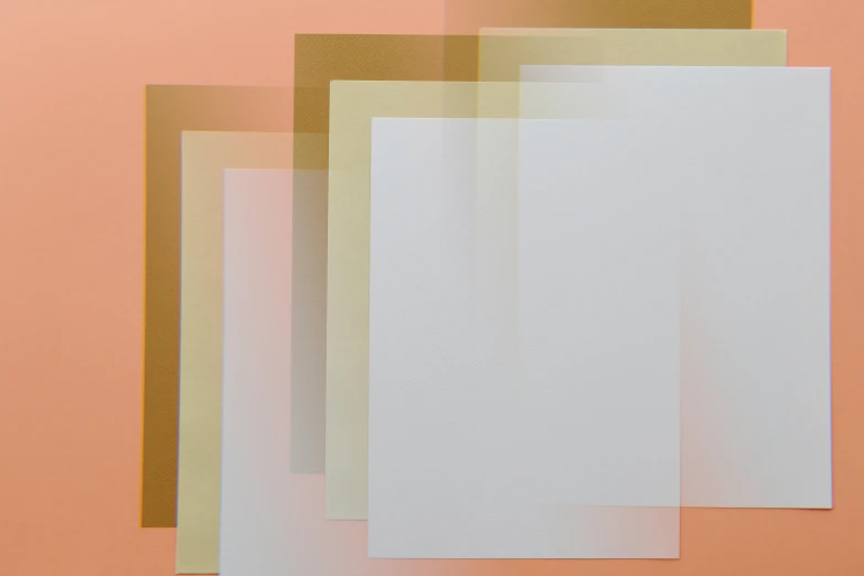 four sheets of white paper stacked on top of each other, a silk screen, inspired by Anna Füssli, unsplash, light orange mist, opalescent mist, agnes pelton, tinted colours