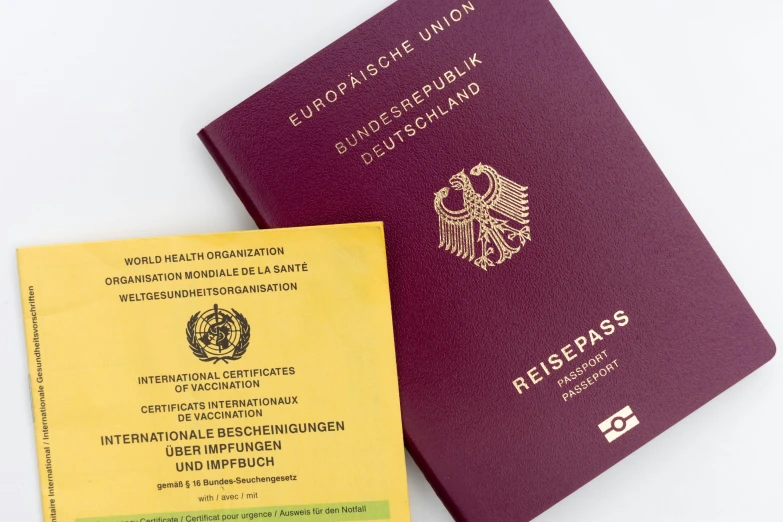 two passports sitting next to each other on a table, bauhaus, detailed product image, digital image, german, hemp