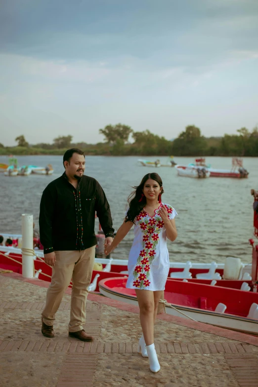 a man and a woman walking next to a body of water, ameera al taweel, on a boat on a lake, mexican, romantic themed