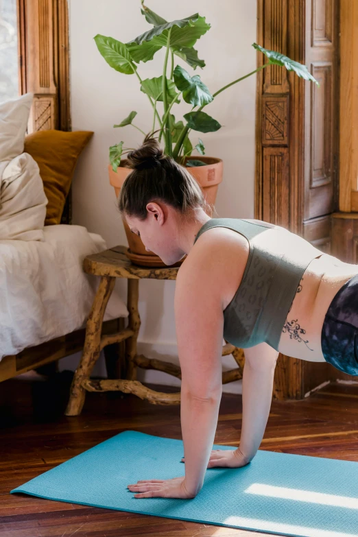 a woman doing push ups on a yoga mat, by Jessie Algie, in a bedroom, lynn skordal, on a wooden table, profile image