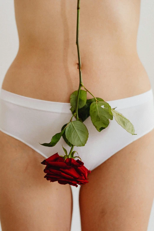 a woman in white panties holding a red rose, unsplash, made of lab tissue, wearing only pants, lush flora, hanging