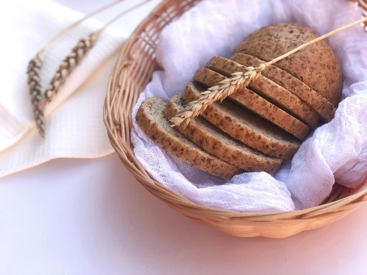 a basket that has some bread in it, by Emma Andijewska, pexels contest winner, hurufiyya, brown bread with sliced salo, thumbnail, background image, soft light