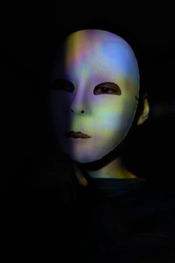 a close up of a person's face in the dark, pexels contest winner, holography, the robot wearing her human mask, taken in the late 2000s, pearlescent skin, wearing giant paper masks