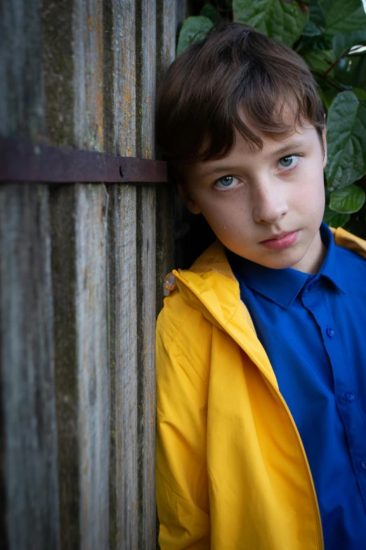 a young boy leaning against a wooden fence, an album cover, inspired by George Barker, unsplash, hyperrealism, in blue and yellow clothes, meet the actor behind the scenes, tower of god, headshot