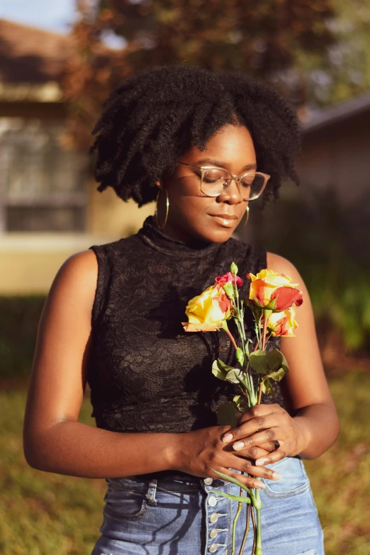 a woman holding a bunch of flowers in her hands, an album cover, by Winona Nelson, pexels contest winner, black teenage girl, girl with glasses, thoughtful ), instagram picture