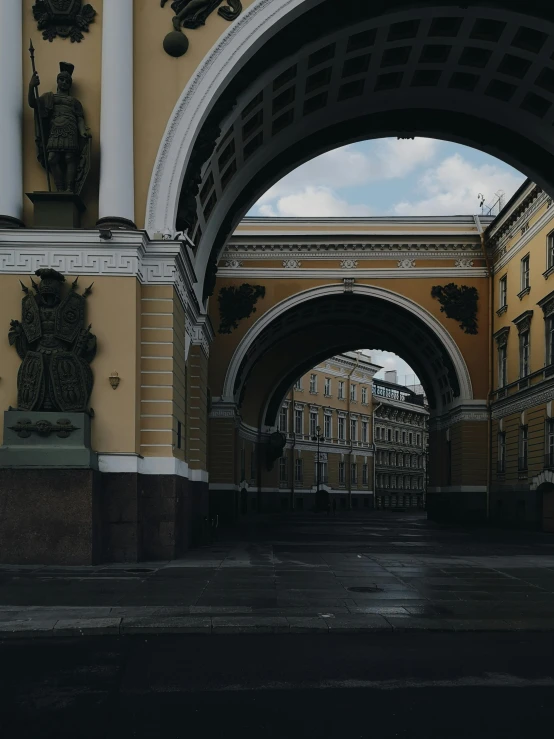 a very tall arch with a clock on it's side, inspired by Illarion Pryanishnikov, pexels contest winner, city square, low quality photo, alleys, russian neoclassicism