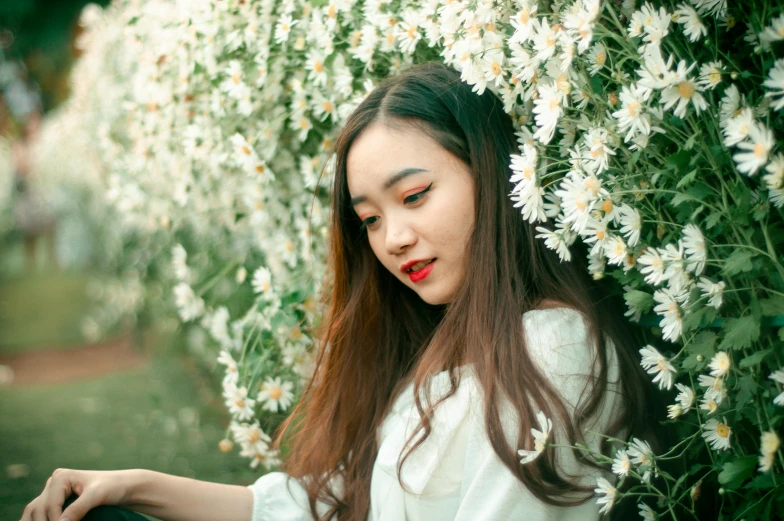 a woman leaning against a bush of white flowers, inspired by Kim Du-ryang, trending on unsplash, aestheticism, vietnamese woman, avatar image, half image, girl cute-fine-face