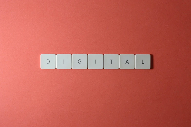 the word digital spelled in white tiles on a red background, pixabay, on a pale background, ecommerce photograph, digital green fox, 🦩🪐🐞👩🏻🦳