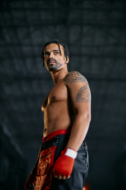 a close up of a person wearing boxing gloves, a tattoo, inspired by Dave Arredondo, shin hanga, standing in an arena, tribal facepaint, handsome man, production photo