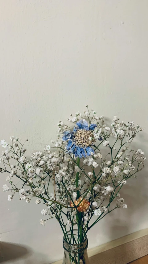 a vase filled with baby's breath flowers on a table, by Yosa Buson, instagram, hurufiyya, low quality photo, made of colorful dried flowers, medium blue, giant daisy flower over head