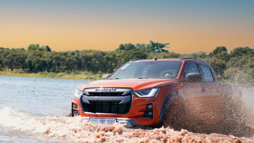 a red truck driving through a body of water, haval f 7, wrx golf, brown, cinematic”