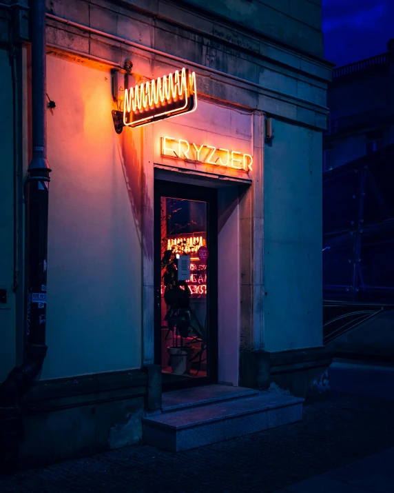 a neon sign that is on the side of a building, an album cover, by Adam Marczyński, unsplash contest winner, drugstore, dimly light room, bizzaro, instagram picture