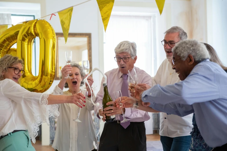 a group of people celebrating with champagne glasses, a portrait, by Harriet Zeitlin, pexels contest winner, happening, elderly, balloon, 15081959 21121991 01012000 4k, wholesome