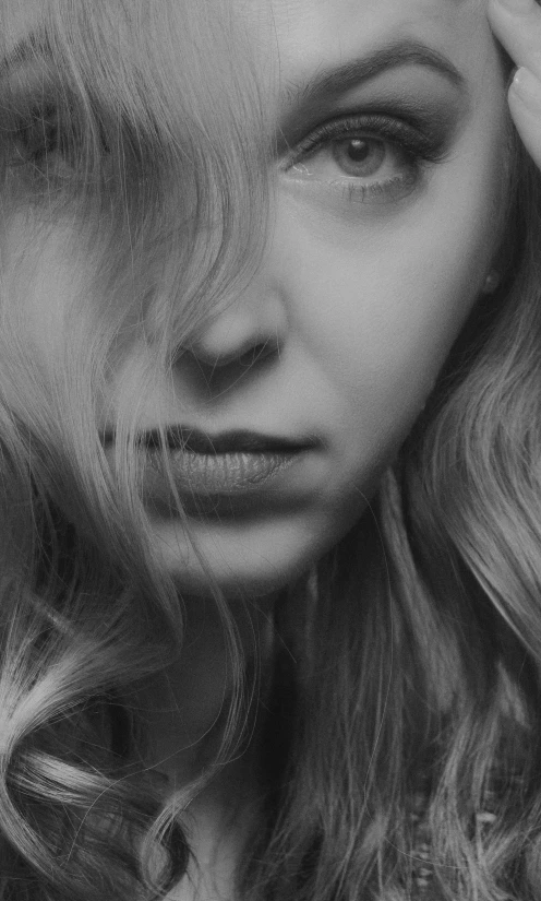 a black and white photo of a woman with long hair, unsplash, digital art, chloë grace moretz, high angle closeup portrait, very pale skin, monochrome 3 d model