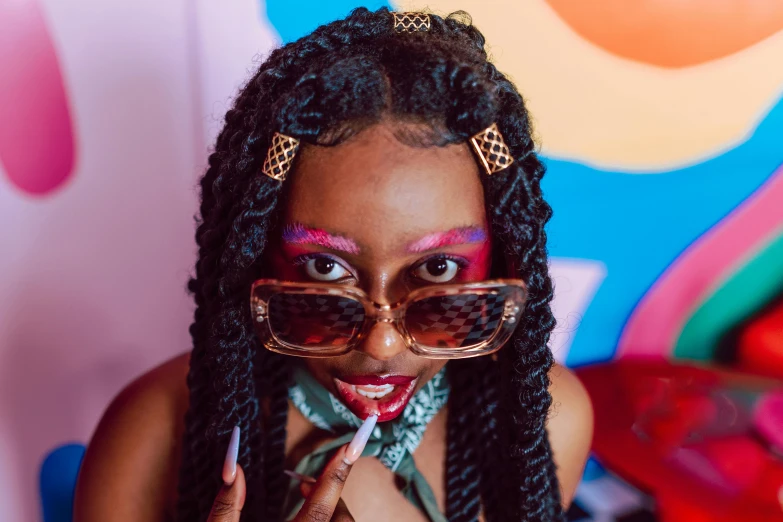 a close up of a person wearing sunglasses, by Julia Pishtar, trending on pexels, afrofuturism, candy girl, long black braids, childish, lipstick