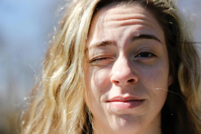 a close up of a person with long hair, crying and smiling franticly, warm weather, giorgia meloni, disappointed