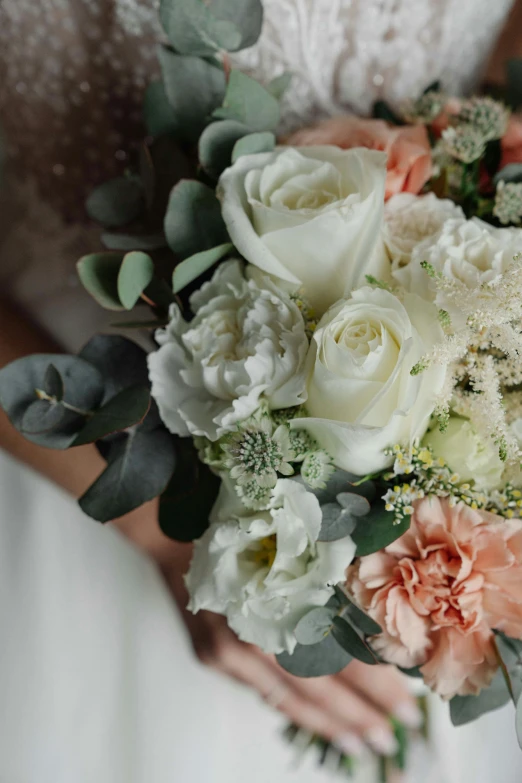 a bride holding a bouquet of flowers in her hands, inspired by Li Di, unsplash, texture detail, bubbly, subtle detailing, slate