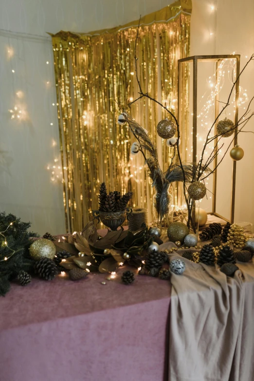 a table that has a bunch of decorations on it, inspired by Patrick Dougherty, unsplash, golden heavenly lights, medium-shot, low detail, sequins