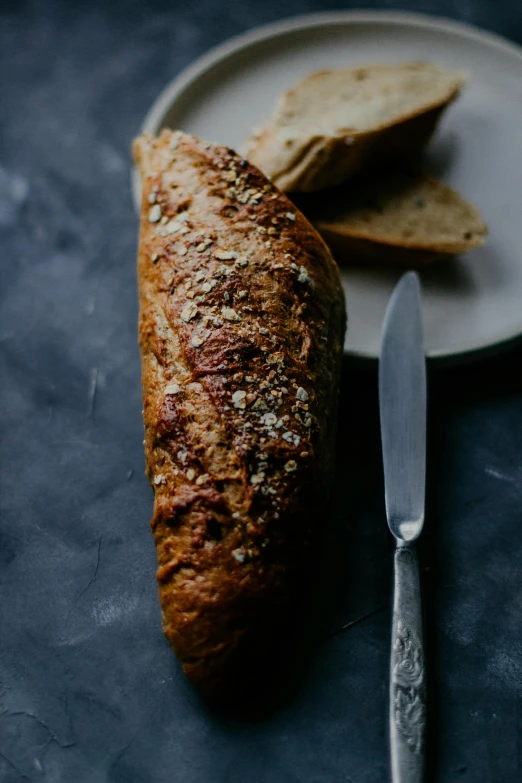 a loaf of bread on a plate next to a knife, a portrait, unsplash, baking french baguette, high grain, tall, glimmering