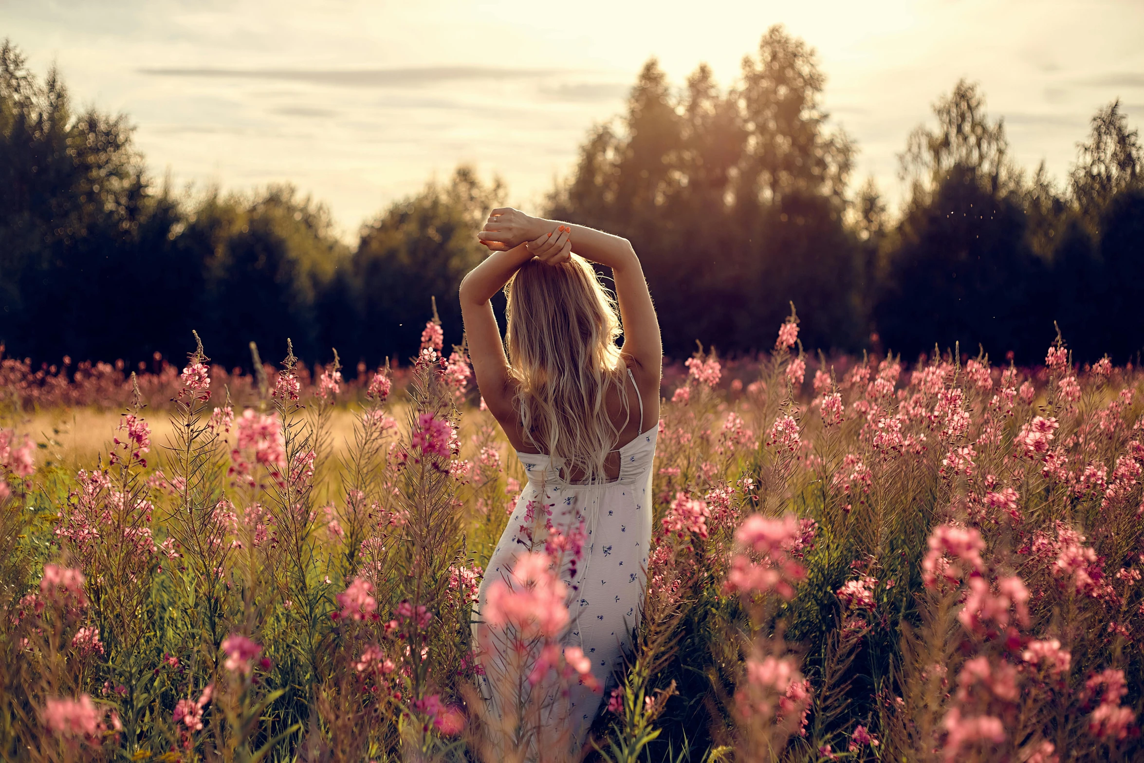 a woman standing in a field of pink flowers, by Anna Boch, unsplash, romanticism, mikko lagerstedt, blonde, warm summer nights, paul barson