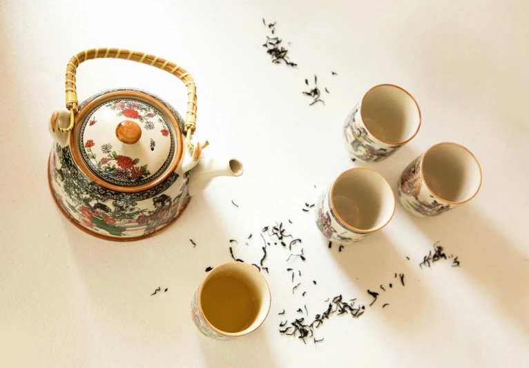 a tea pot sitting on top of a table next to cups of tea, inspired by Eishōsai Chōki, trending on unsplash, set against a white background, bird's view, india ink, heian