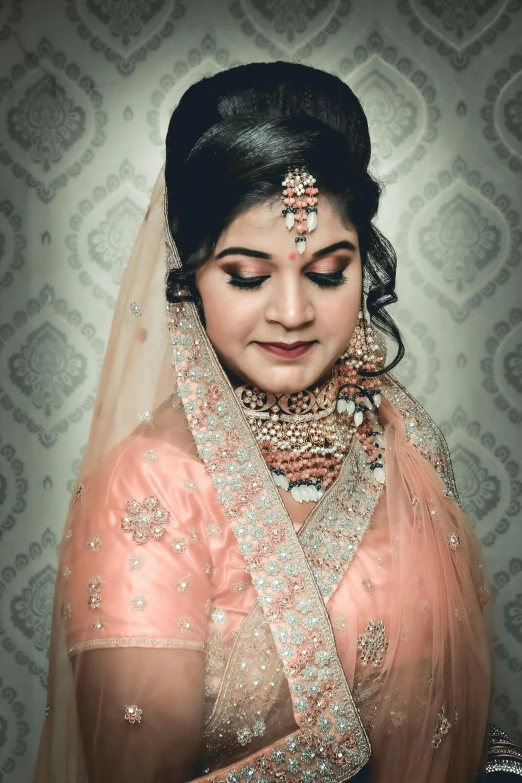 a woman in a bridal dress posing for a picture, inspired by Saurabh Jethani, woman's face looking off camera, full round face!, grayish, pink