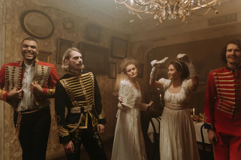 a group of people that are standing in a room, inspired by Karl Bryullov, pexels contest winner, rococo, wearing russian ww 1 clothes, haunting atmosphere, swashbuckling and romantic, battle toast