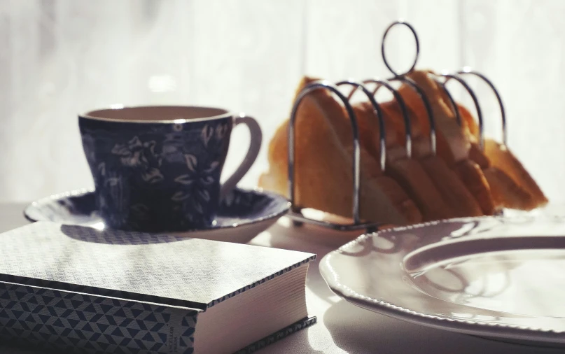 a stack of books sitting on top of a table next to a cup of coffee, inspired by Richmond Barthé, pexels contest winner, romanticism, sliced bread in slots, silver，ivory, morning lighting, grey and blue theme