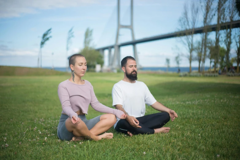 a man and a woman doing yoga in a park, a portrait, by Alexander Fedosav, pexels contest winner, hurufiyya, avatar image, kirsi salonen, calm face, high quality upload