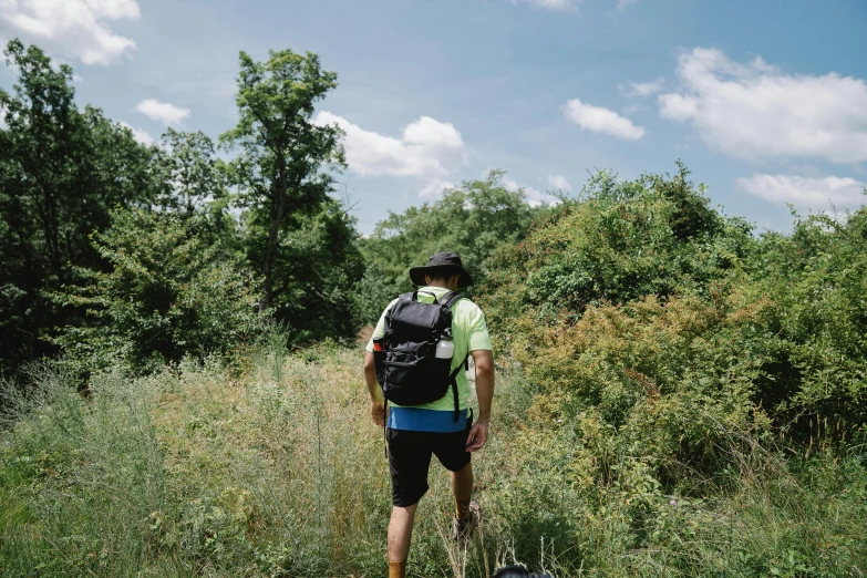 a man with a backpack standing in a field, by Carey Morris, lot of vegetation, background image, kacper niepokolczycki, william penn state forest