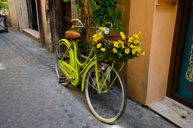 a green bicycle parked on the side of a building, pexels contest winner, renaissance, with yellow flowers around it, all roads lead to rome, chartreuse color scheme, glowing