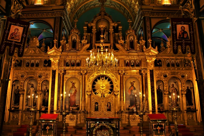 a church with a chandelier and a clock, an album cover, by Miroslava Sviridova, baroque, brass and copper, montreal, highly detailed in 4 k ”, altar