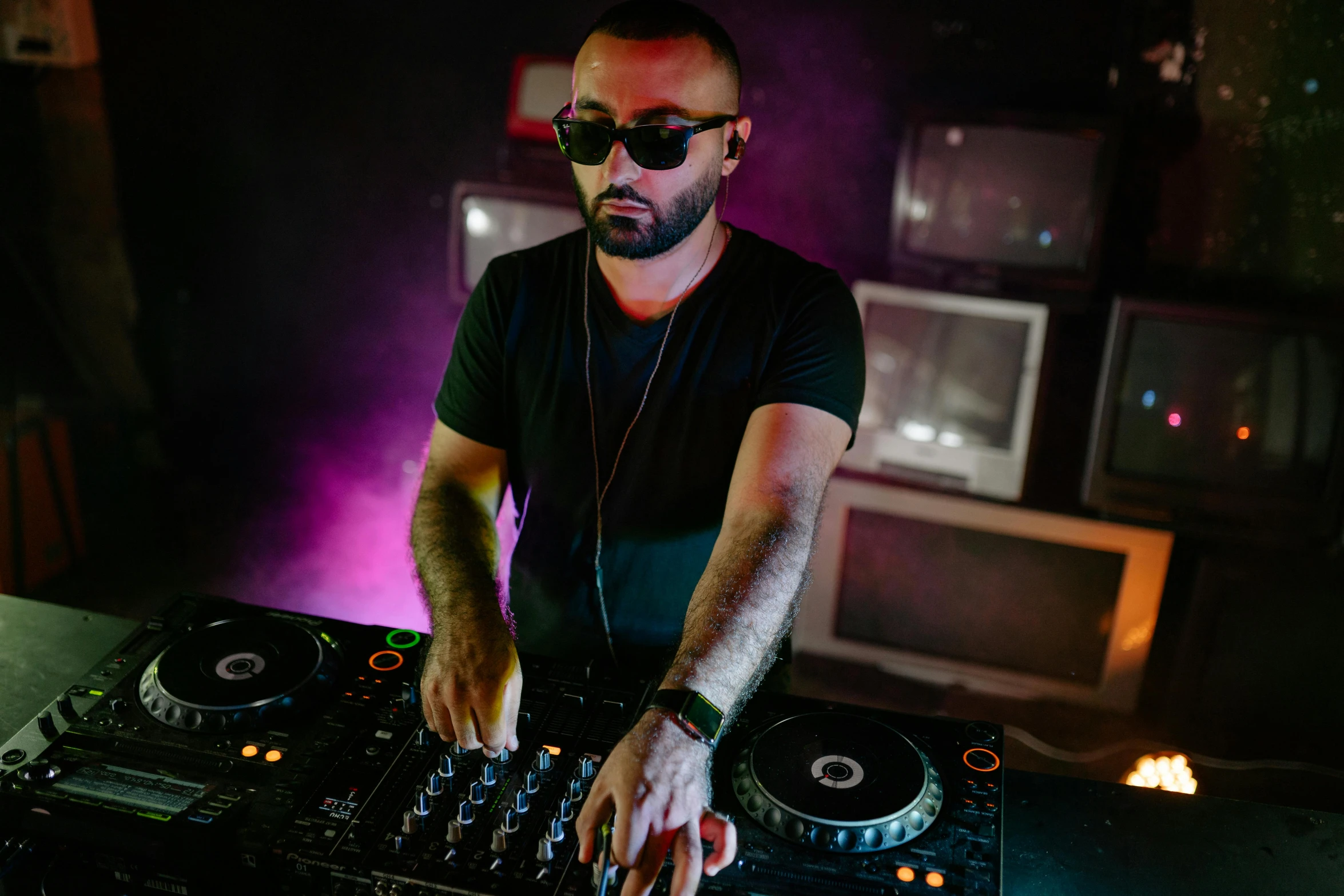 a man that is standing in front of a mixer, pexels contest winner, les nabis, dj at a party, dark shades, adar darnov, profile image