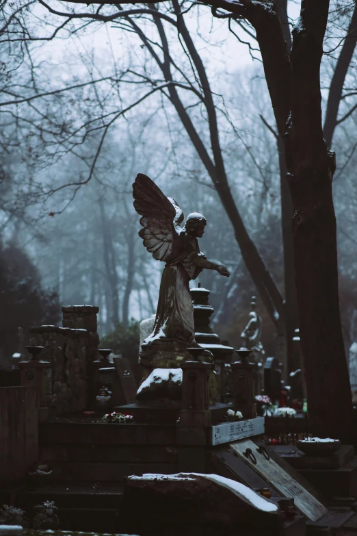 a cemetery with a statue of an angel in the snow, pexels contest winner, gothic art, paul barson, concert, van, large wings on back